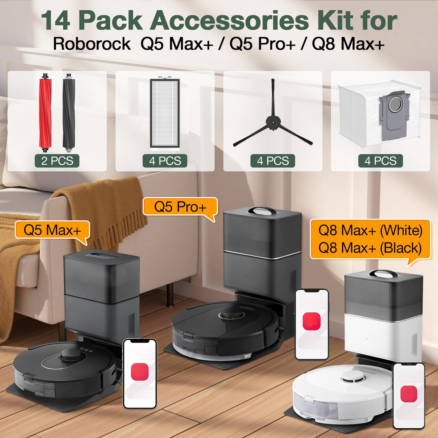 Accessories for Roborock Q5 Max+ / Q5 Pro+ / Q8 Max+ Robot Vacuum Cleaners(14Pack)