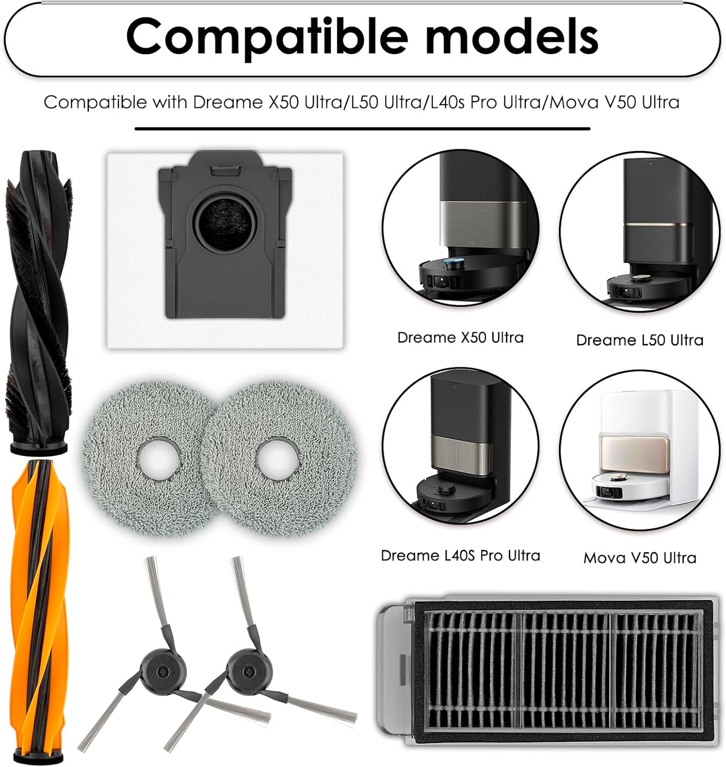 (18 Pack) X50 Ultra Replacement Parts Compatible with Dreame X50 Ultra Robot Vacuum Cleaner, 2 Roller Brushes, 4 Side Brushes, 4 Dust Bags, 4 HEPA Filters, 4 Mop Pads, Accessories Kit
