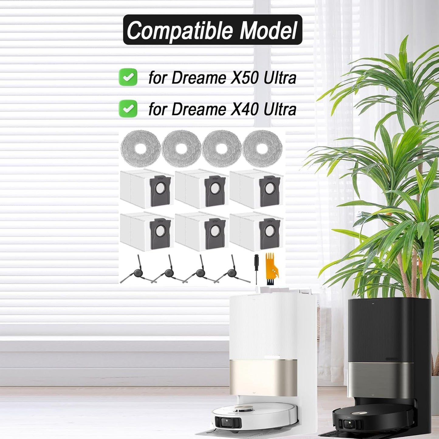 Accessories for Dreame X50 Ultra,L40 Ultra, X40 Ultra, and for MOVA P10, P50 Pro Ultra Robot Vacuum Cleaner, 6 Dust Bags, 4 Mop Pads, 4 Side Brushes, L40 Ultra Replacement Kit