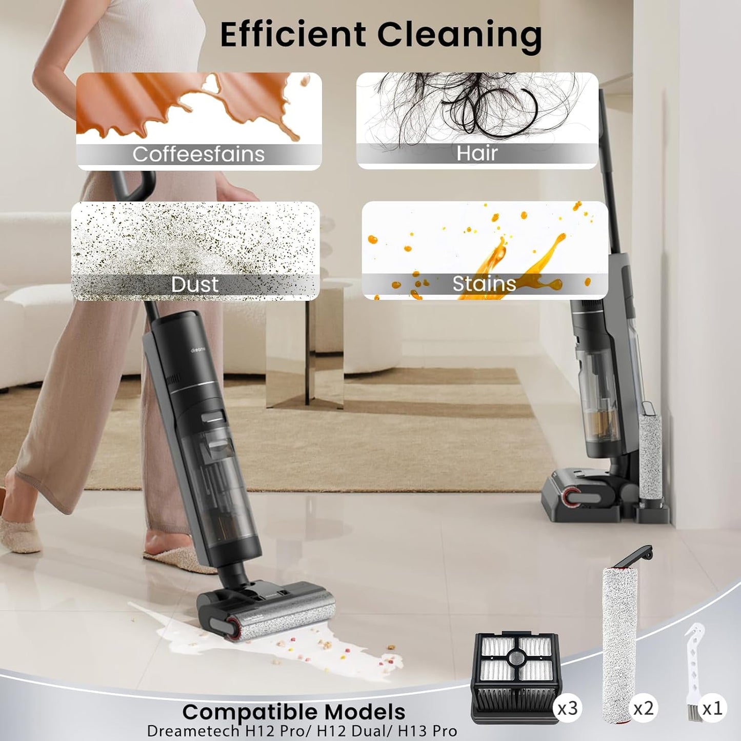 (6pcs) Replacement Brush Rollers And HEPA Filters For Dreame H12 Pro/ H12 Dual Wet Dry Vacuum Cleaner, Compatible Replacement Parts Accessories Kit Inclue 3 Vacuum Filter, 2 Brush Rollers