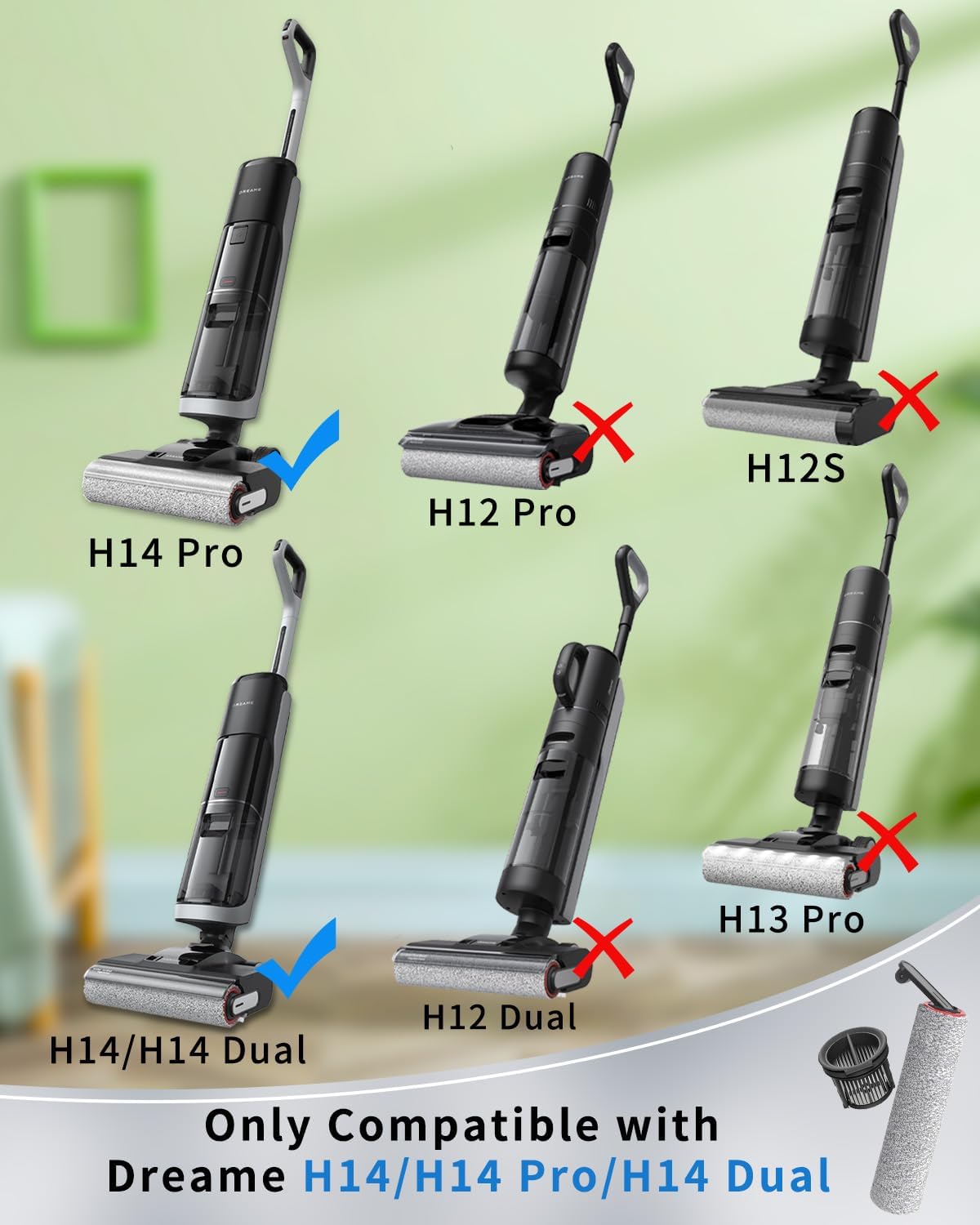 (7pcs) HEPA Filters & Replacement Parts Kit Brush Rollers Compatible Parts Accessories Kit For Dreame H14/H14 Pro/H14 Dual Wet Dry Vacuum Cleaner, Replacement Inclue 3 Vacuum Filter, 3 Brush Rollers