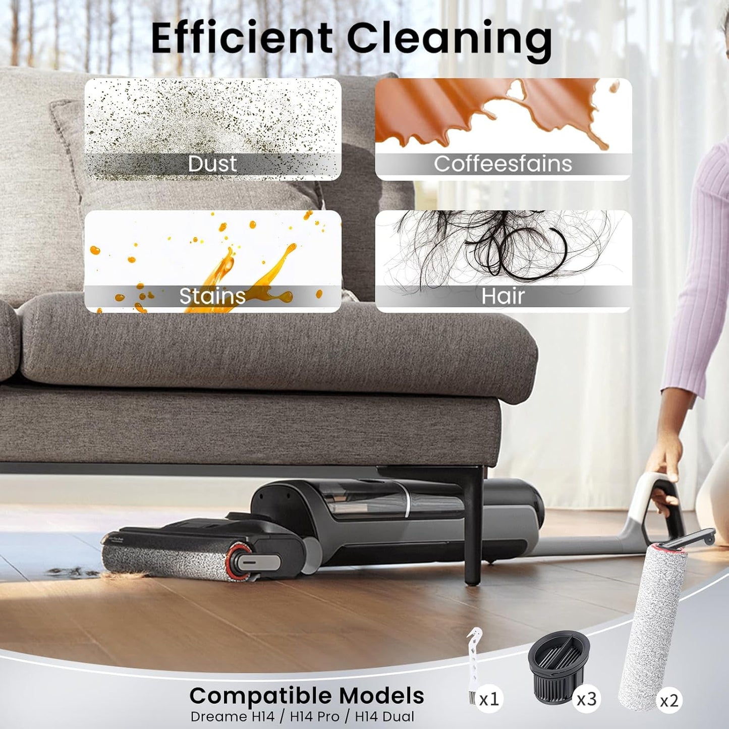 (6pcs) Replacement Brush Rollers And HEPA Filters For Dreame H14/H14 Pro/H14 Dual Wet Dry Vacuum Cleaner, Compatible Replacement Parts Accessories Kit Inclue 3 Vacuum Filter, 2 Brush Rollers