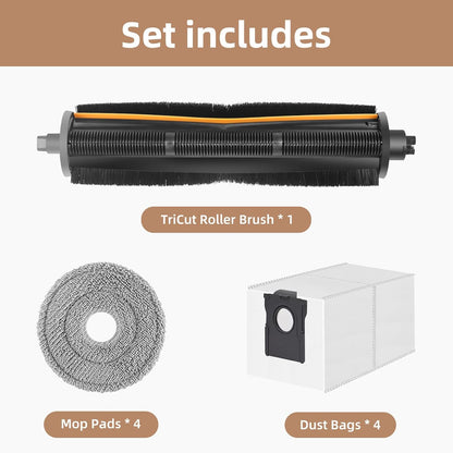 TriCut Brush Accessories Replacement Parts for Dreame X40 Ultra/ X30 Ultra/ L30 Ultra/ L10s Ultra/ L20 Ultra/ L10s Pro/ L40 Ultra, MOVA P10 / P10 Pro/ P50 Pro, Includes 4 mop Cloths, 4 dust Bags