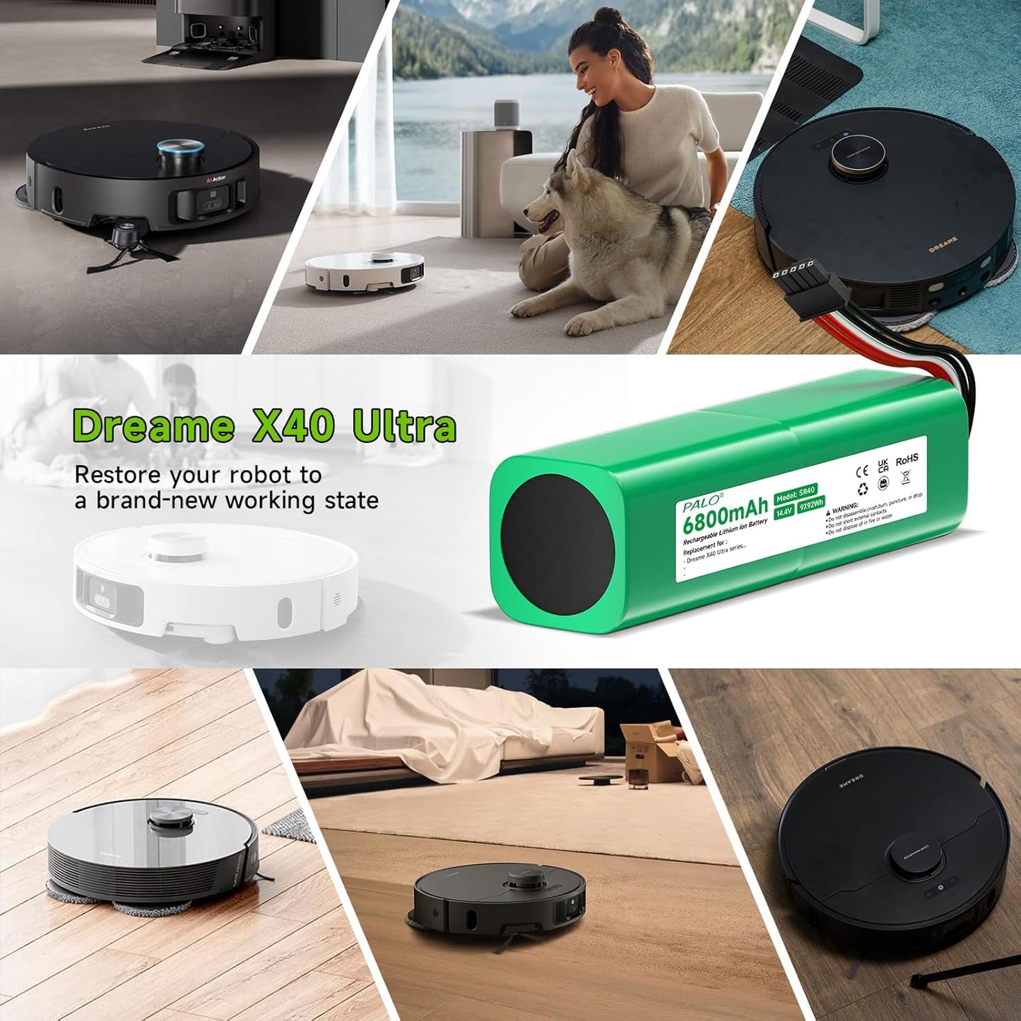 for Dreame X40 Ultra Battery,14.4V 6800mAh High-Capacity Replacement Battery for Dreame X40 Ultra / L40 Ultra / X40 Master / W20Pro Ultra / W20 Pro Ultra/Bot X30 Ultra / R2416-4S2P-HPLS