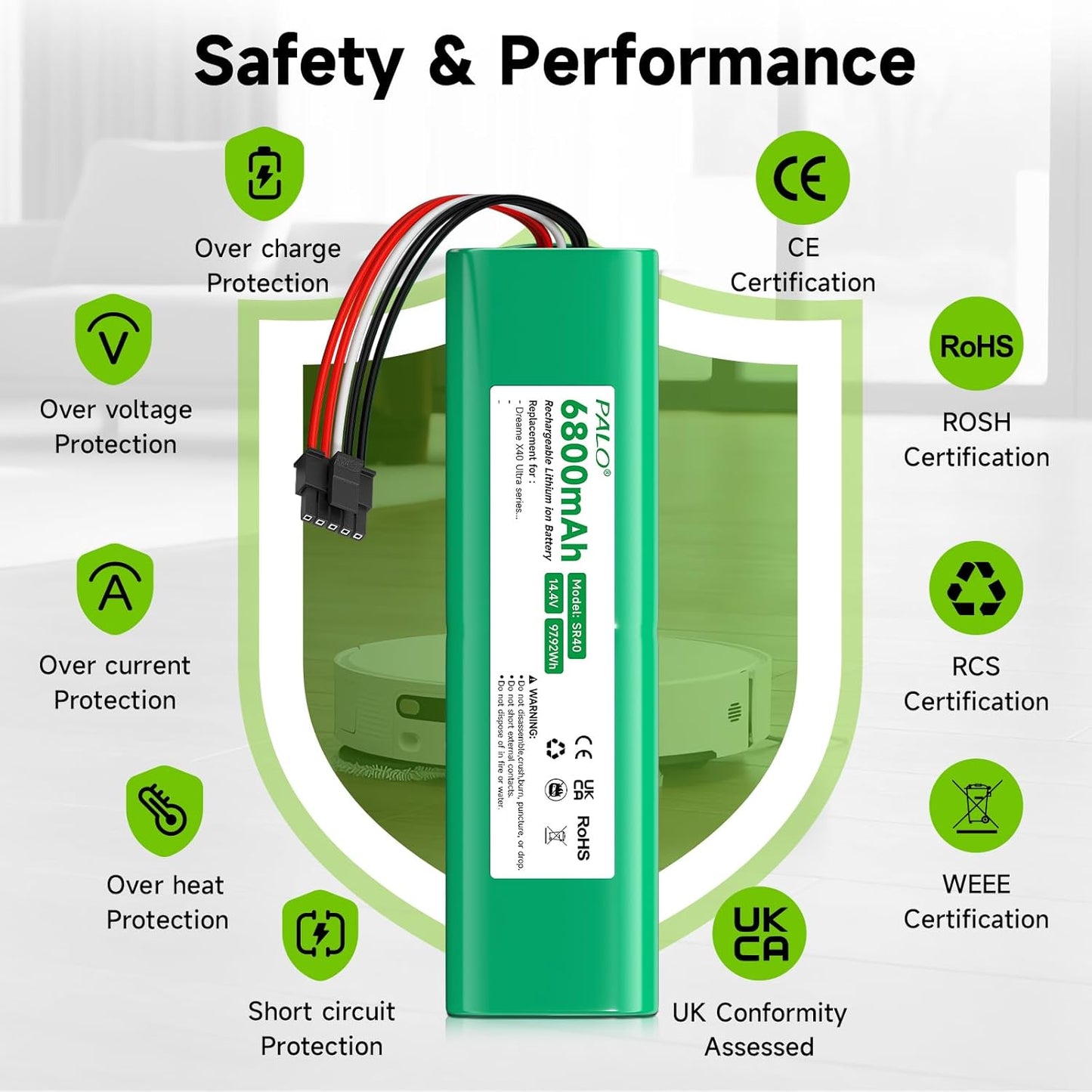 for Dreame X40 Ultra Battery,14.4V 6800mAh High-Capacity Replacement Battery for Dreame X40 Ultra / L40 Ultra / X40 Master / W20Pro Ultra / W20 Pro Ultra/Bot X30 Ultra / R2416-4S2P-HPLS